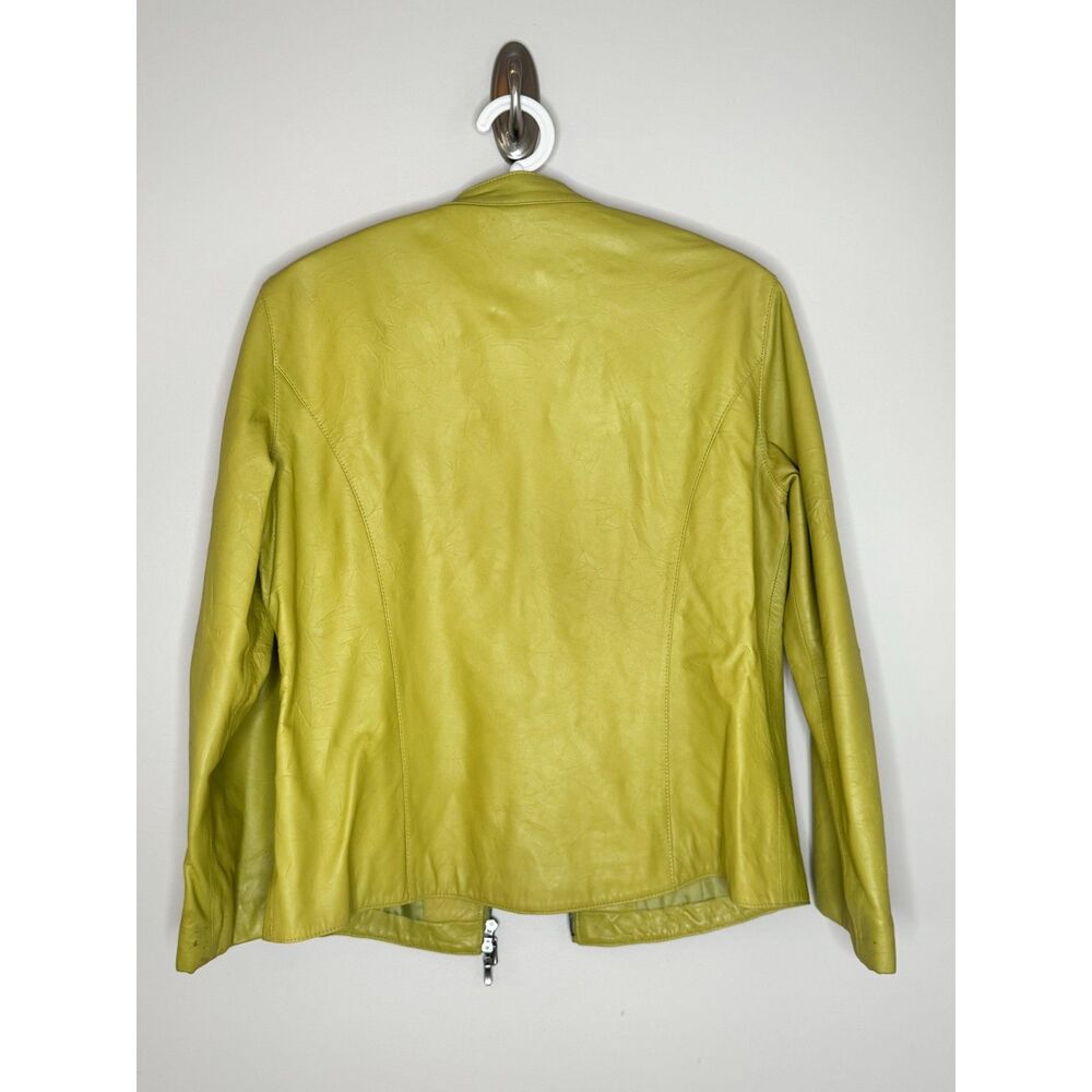 Chico's Lime Green 100% Leather Jacket Moto Zip Snap Collar Size 1 M/L - Picture 3 of 7